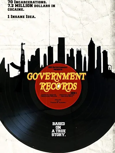 Poster for Government Records: a vinyl record shaped like a city skyline with a rifle silhouette.